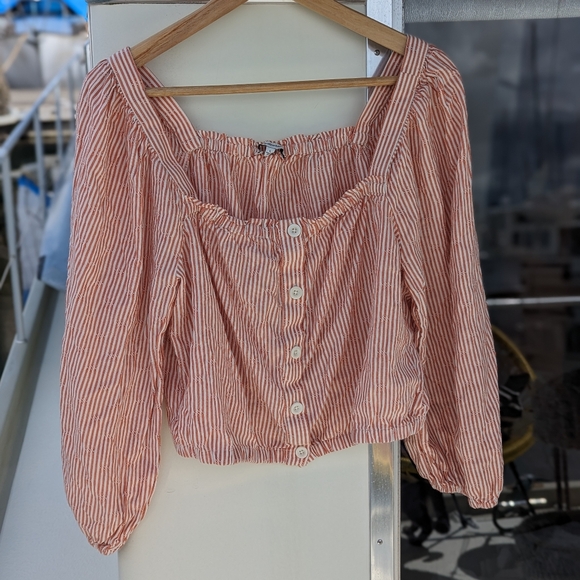 Madewell | Puff-Sleeve Crop Top Embroidered Stripe Orange White Large - Picture 12 of 15